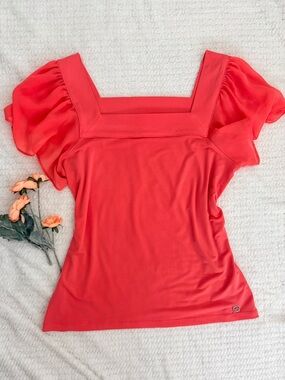 Calvin Klein Pink Flowy Top Square Neck Flutter Sleeve Top S